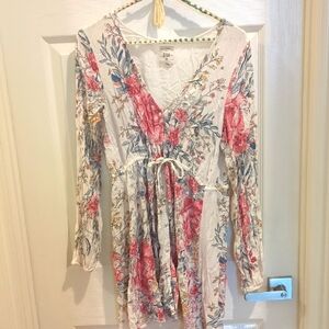 Billabong White Pink Floral V-Neck Long Sleeve Mini Dress Bohemian